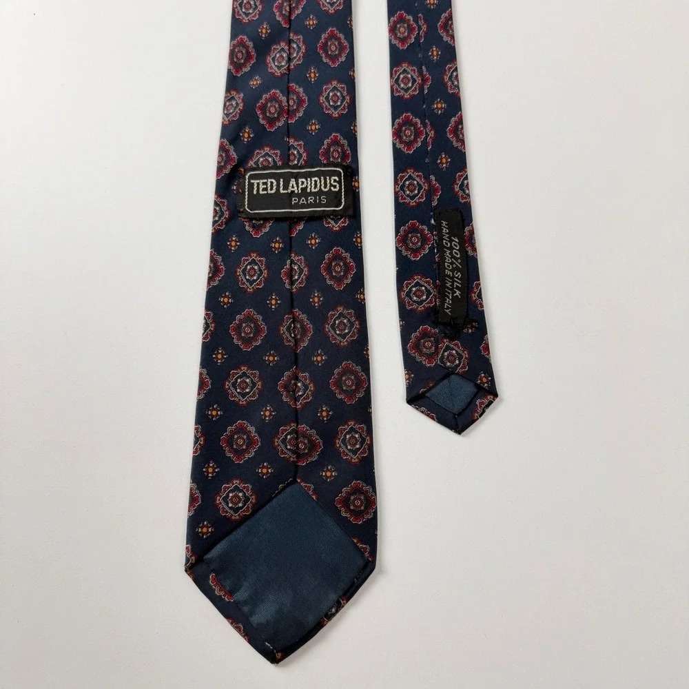 Vintage Ted‎ Lapidus Necktie Navy Geometric Medallion 100% Silk Italy